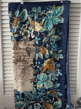 Floral & Bird Print “Silk” Scarf in Navy and Teal